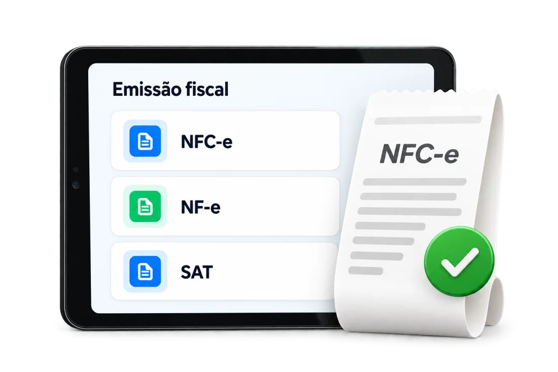 Tela de emissão fiscal com NFC-e, NF-e e SAT, e um cupom emitido.